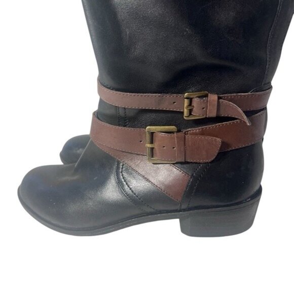 Black & Brown Leather Knee-High Riding Boots 9.5M With Buckle Straps & Side Zipp - Picture 1 of 6